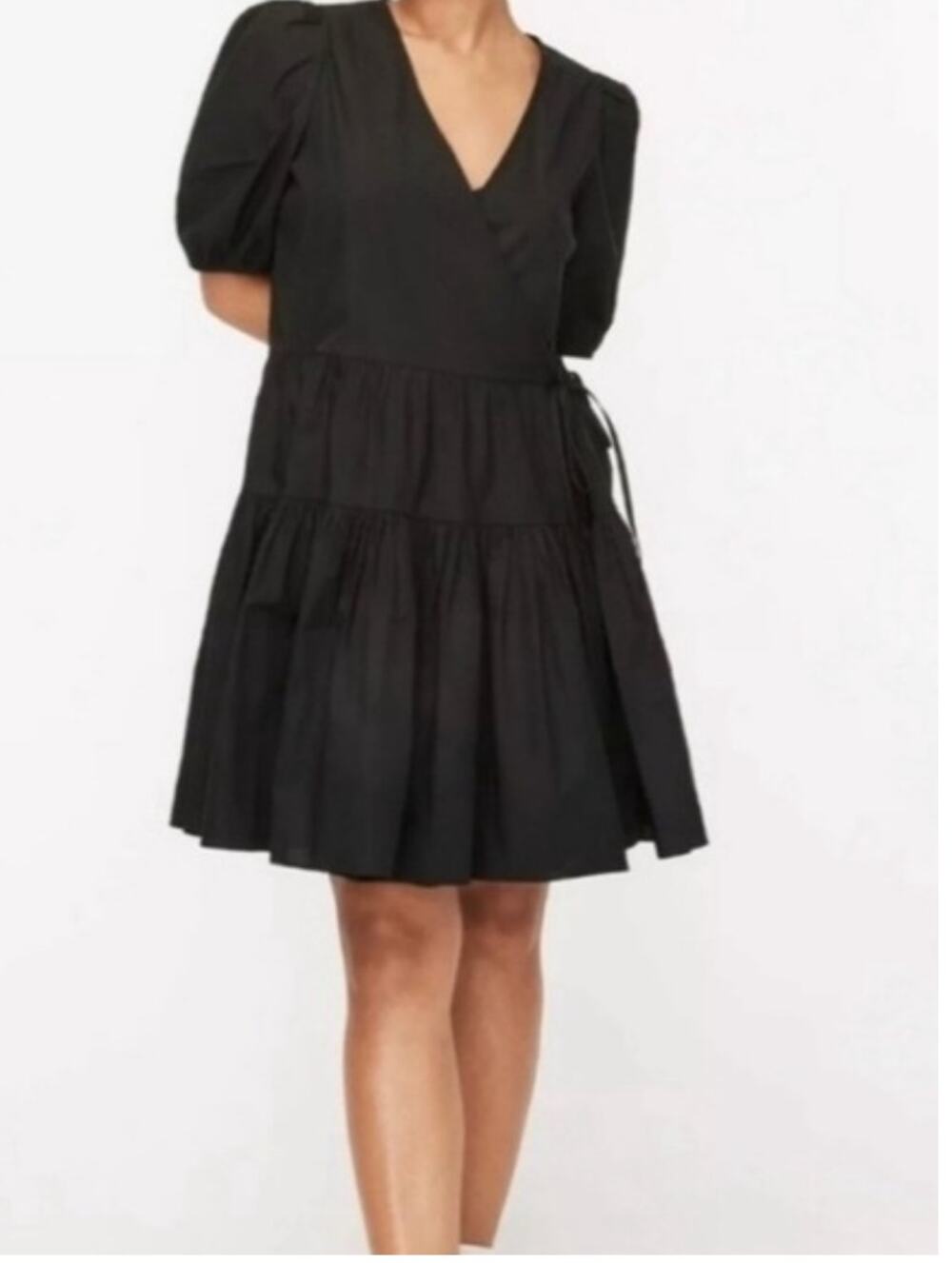 J Crew 2 pc  Black Wrap Dress & Slip Short Puff Sleeves Tiers Size Large NEW